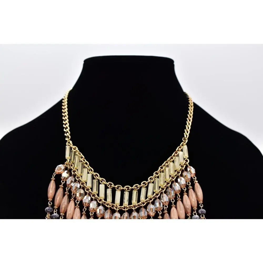 Vintage Fringe Statement Necklace Gold Peach Glass Beads Layered Boho Y2K BinBL